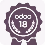 Odoo 18 badge with ribbon and laurel wreath design.