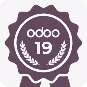 Purple ribbon badge with the text 'odoo 19' surrounded by two laurel branches.
