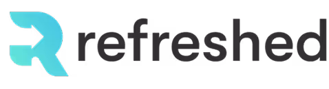 Refreshed brand logo with stylized R in turquoise followed by black text reading refreshed.