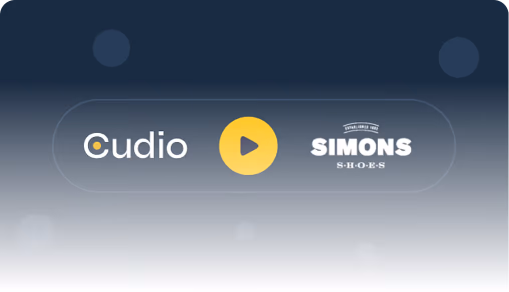 Interface with Cudio logo, a yellow play button, and Simons Shoes logo on a gradient dark-to-light background.