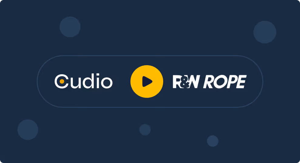 Dark blue background with a rounded rectangular button containing the word 'cudio', a yellow play icon, and the word 'RAW ROPE' in white.