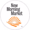 New Morning Market logo with stylized orange sun rays above a curved horizon.