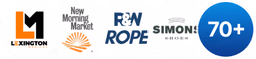 Logos of Lexington, New Morning Market, R&W Rope, Simon Shores, and a blue circle with '70+' indicating more.