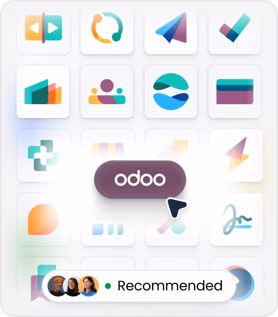 Cursor hovering over the Odoo logo icon among a grid of colorful app icons with a recommended tag showing three user avatars.