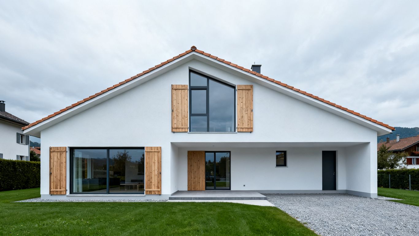 Schweizer Haus zum Verkauf, Außenansicht, bewölkter Tag.