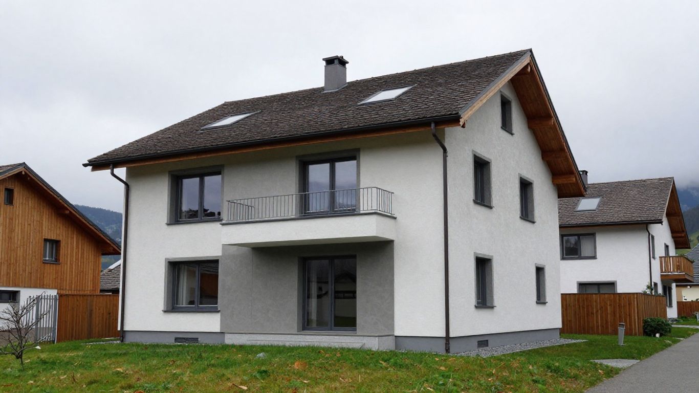 Schweizer Haus zum Verkauf, Außenansicht, bewölkter Tag.