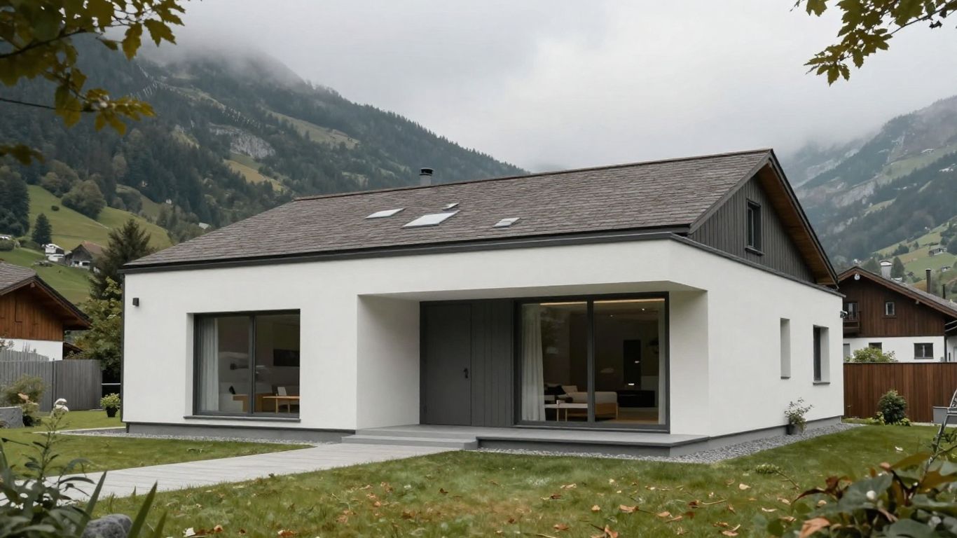 Schweizer Haus zum Verkauf, Außenansicht, bewölkter Tag.