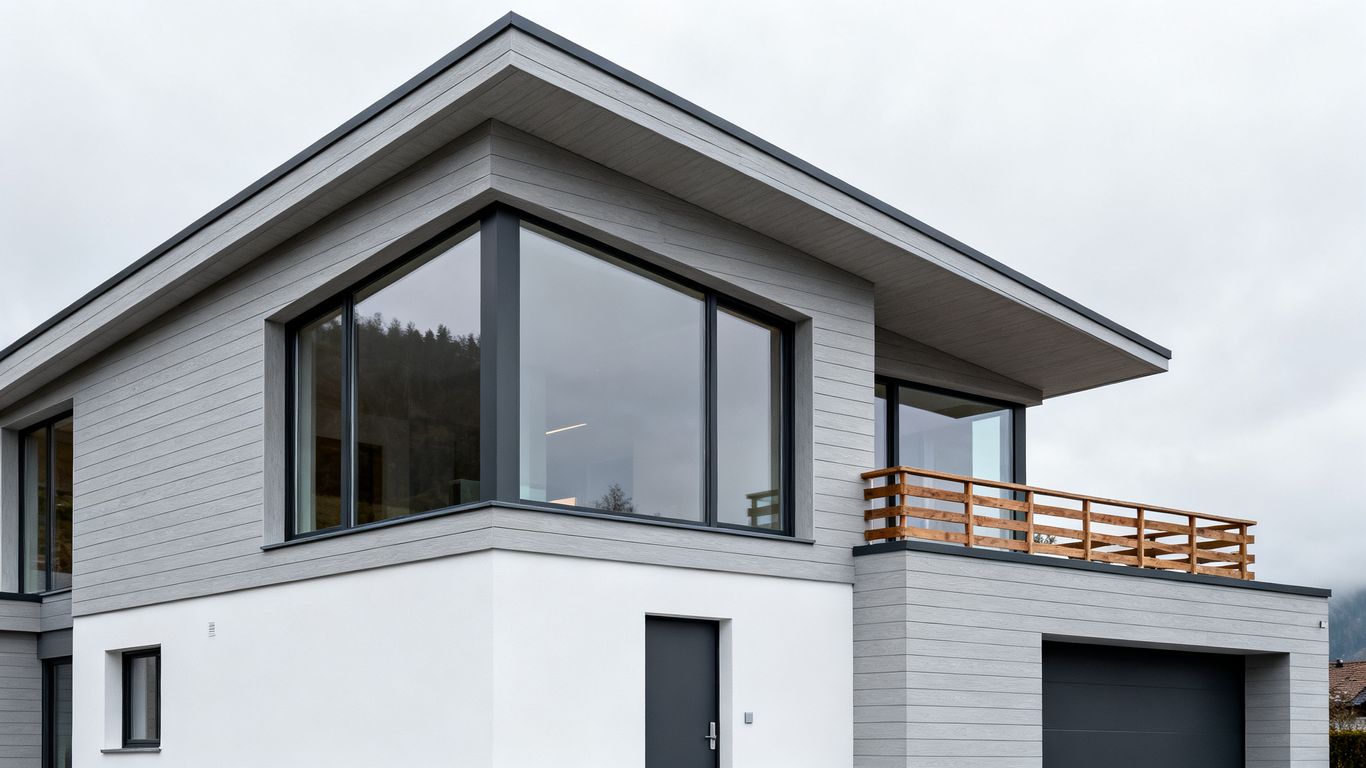 Schweizer Haus zum Verkauf, kühle Töne, Außenansicht.