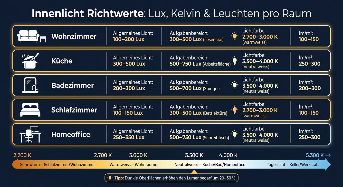 Lichtplanung: Lux, Kelvin & Leuchten pro Raum – Richtwerte im Überblick