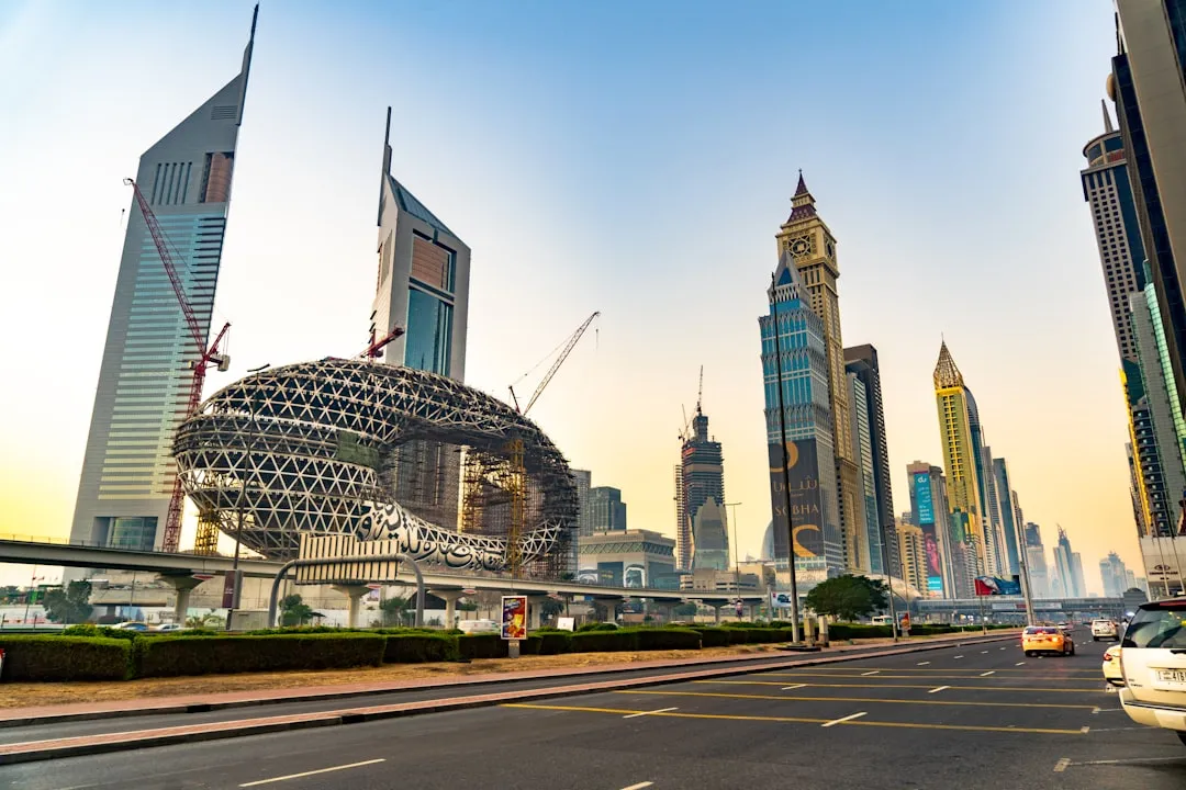 A modern architectural view of commercial buildings and business parks situated along the best commercial areas near Al Khail Road in Dubai.