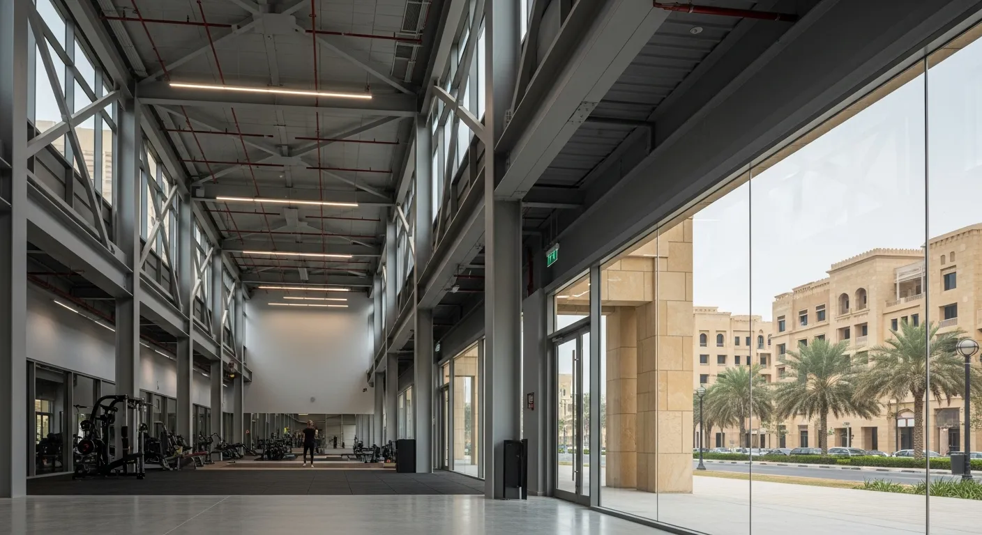 A modern, spacious commercial space for rent for sports operators dubai featuring high ceilings and professional fitness equipment.