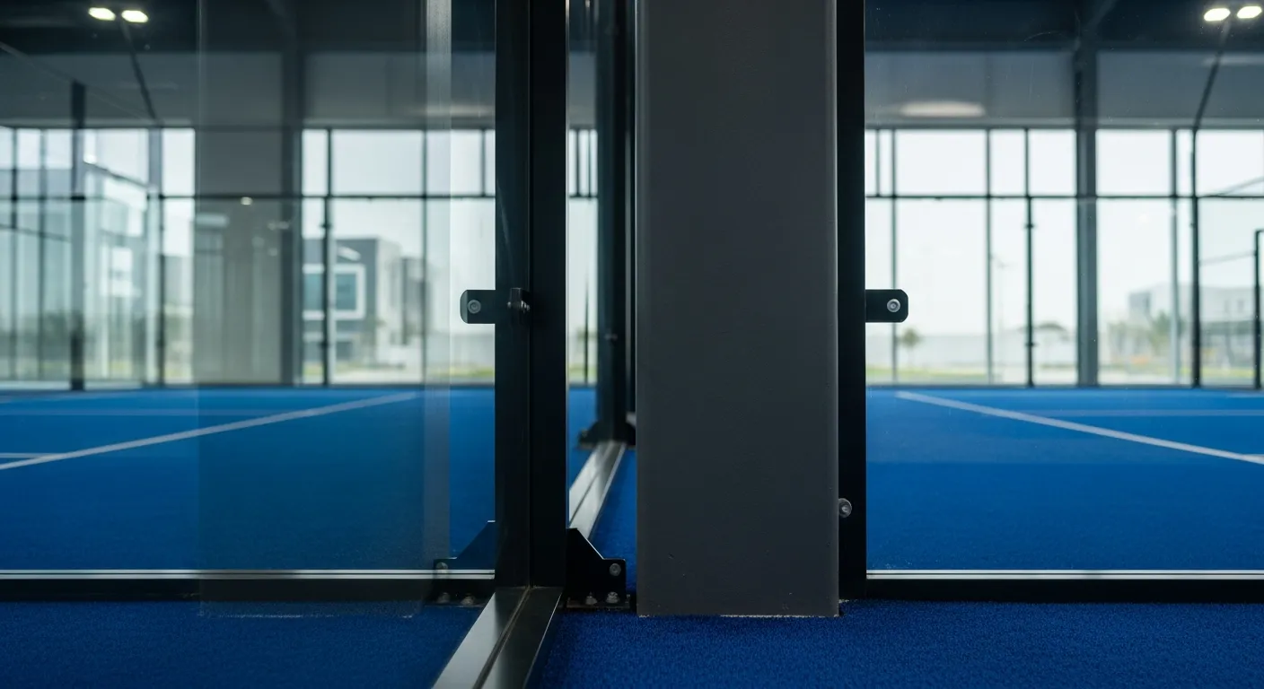 A modern indoor padel court space for rent dubai featuring high ceilings and professional lighting in a commercial district.