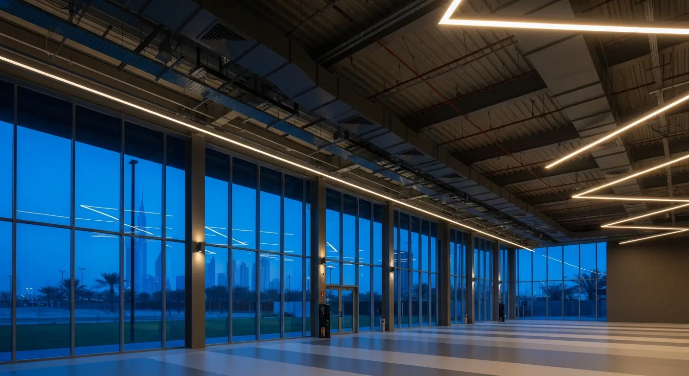A modern indoor sports facility space for rent in Dubai featuring high ceilings and professional athletic flooring.