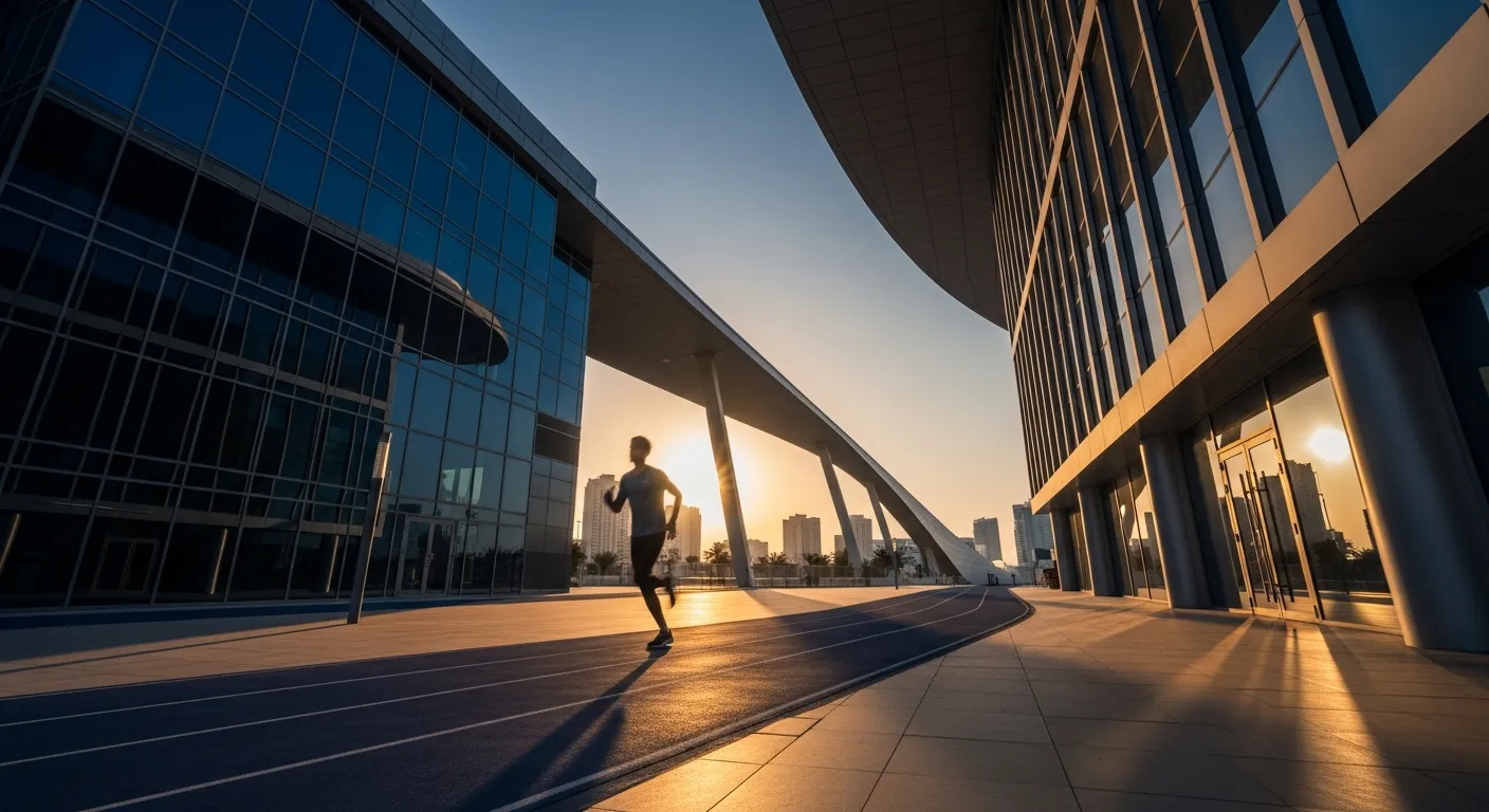 Modern commercial office building in Dubai featuring integrated sports facilities and wellness amenities to increase property value.