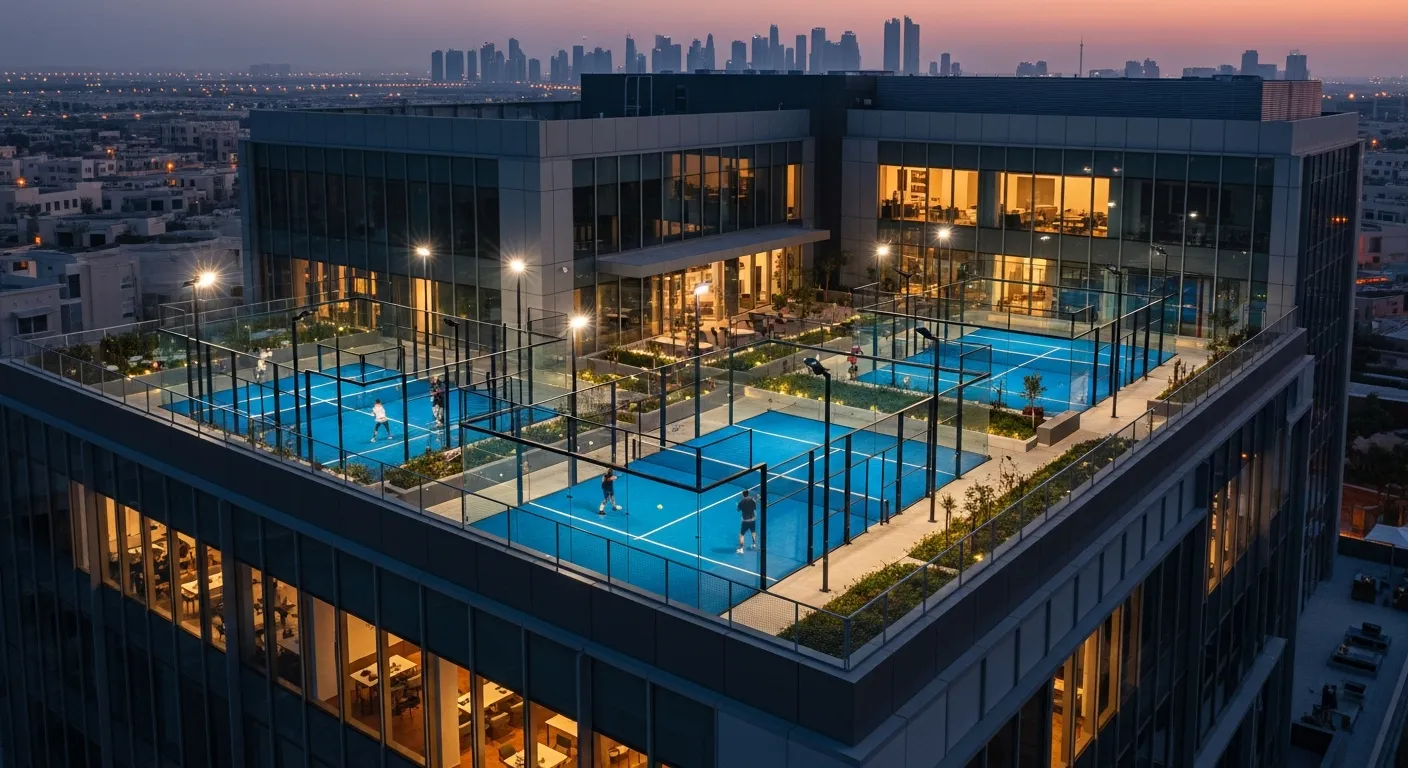 A modern rooftop padel court at a Gulfalts commercial development illustrating the padel boom dubai commercial real estate trend.