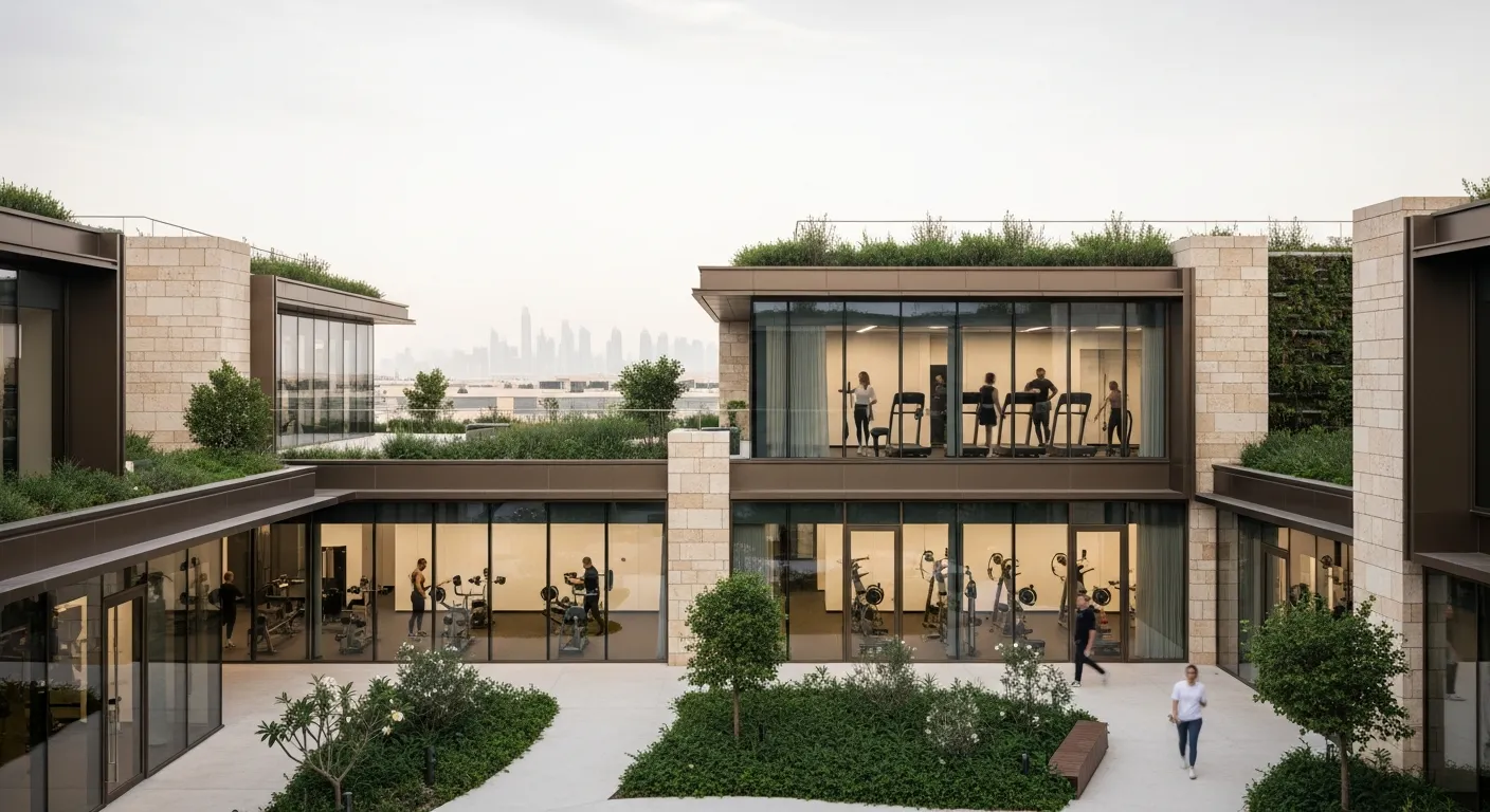 A modern architectural view of Dubai Creative Park, highlighting the potential for return on investment for wellness real estate dubai.