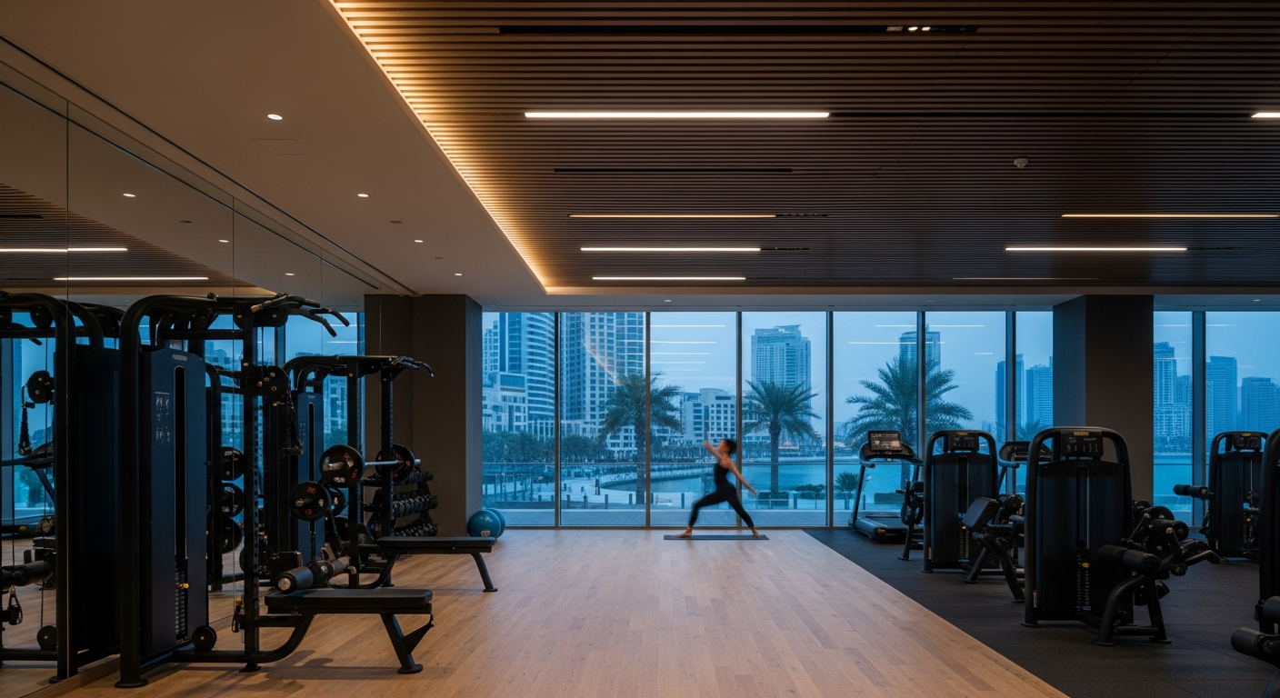 A modern fitness and wellness facility in Dubai Marina with high-end gym equipment and floor-to-ceiling windows.