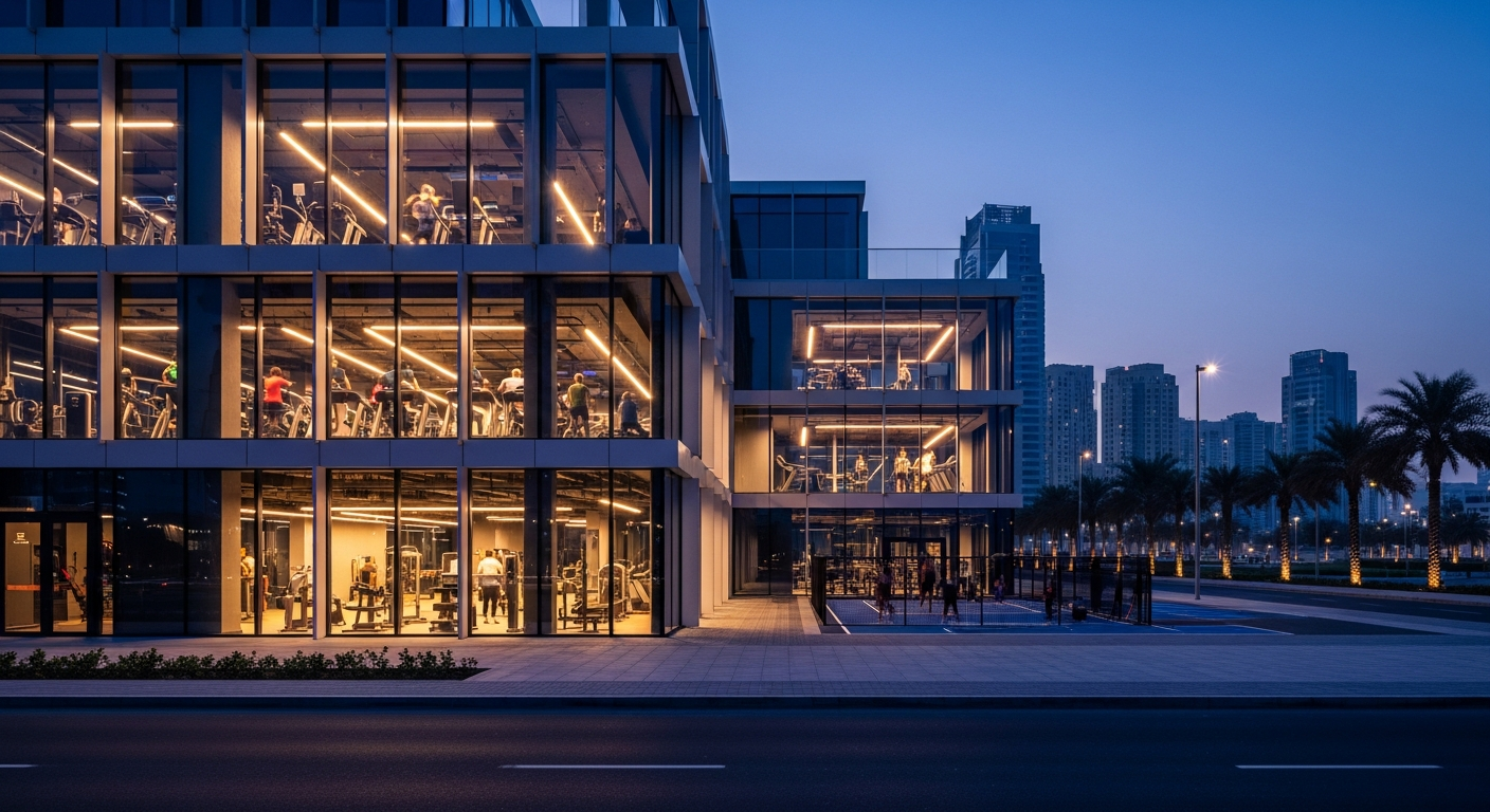 A modern professional gym interior representing high-quality sports centers in JVC Dubai.