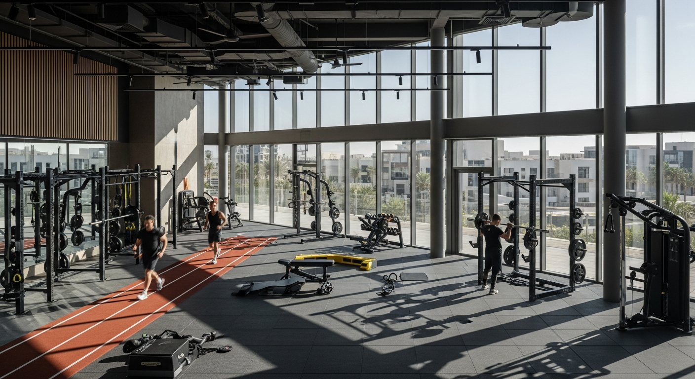 A modern fitness facility at a sports center in Barsha Heights showcasing high-end equipment and wellness amenities.