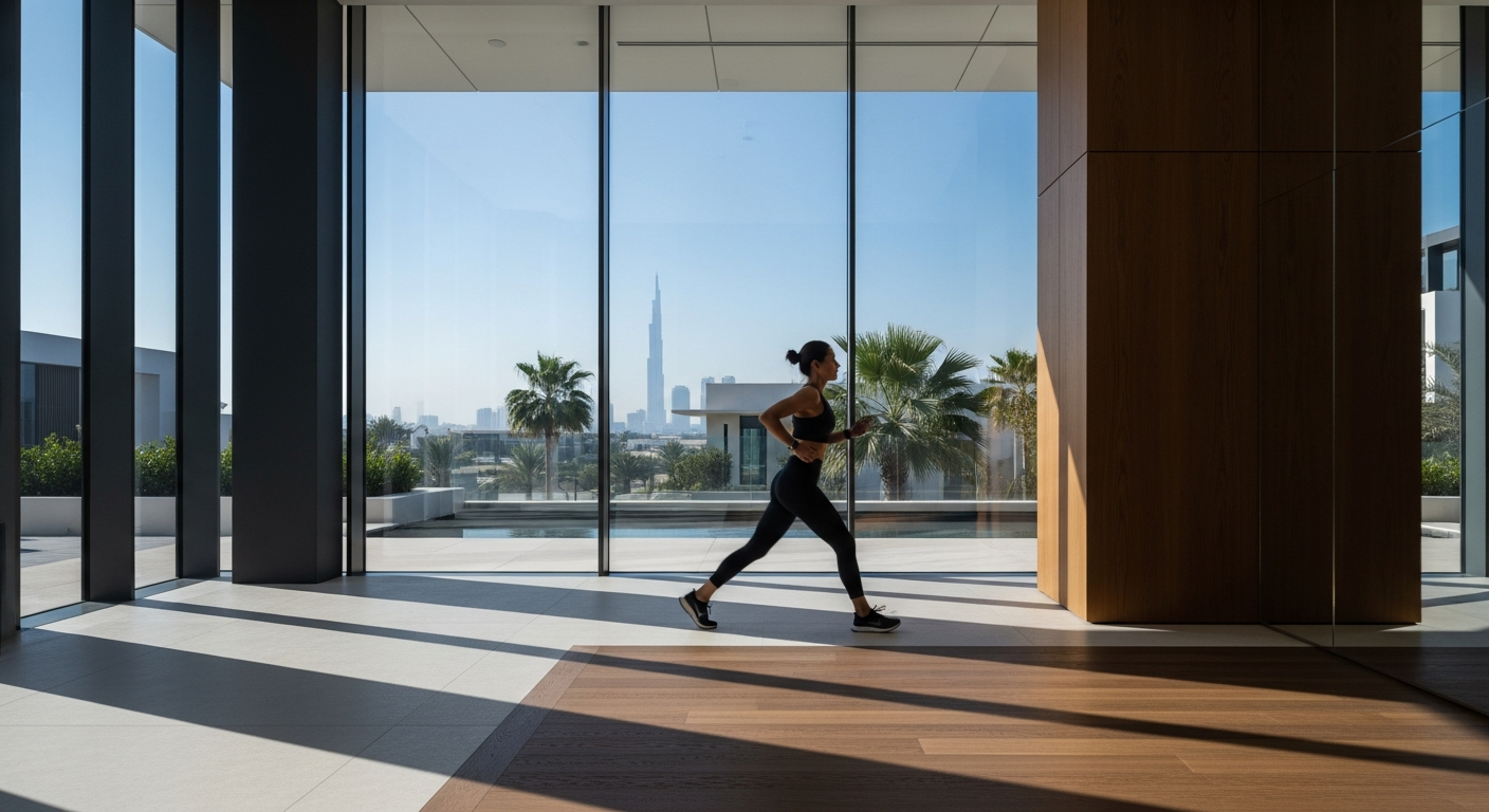 A modern, high-end interior of a premium sports and wellness facility near Emirates Hills featuring state-of-the-art equipment.