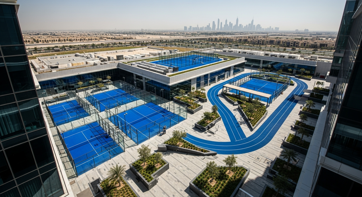 Modern athletic facilities and sports centers in DIFC Dubai showing premium gym equipment.