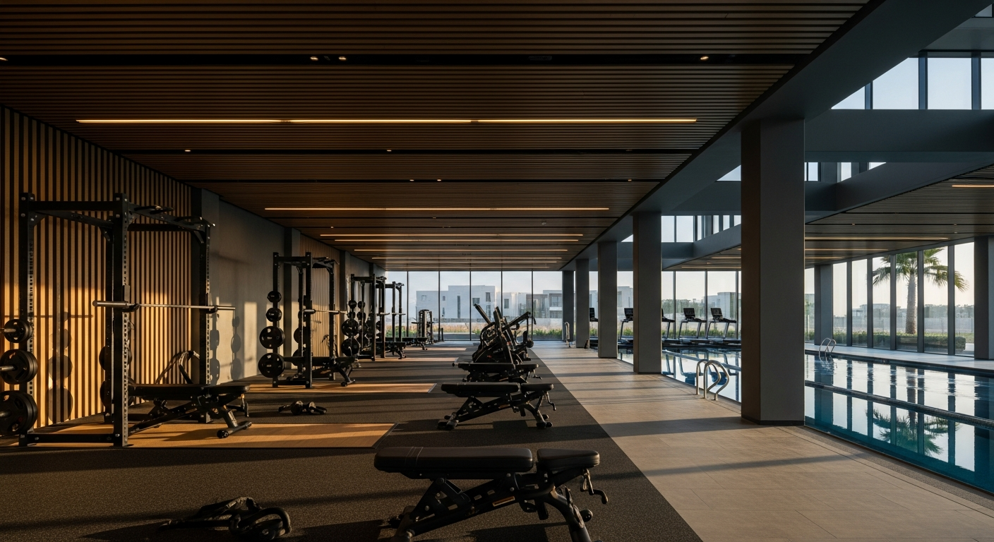 A modern sports and wellness facility featuring premium training equipment and active visitors near Discovery Gardens, Dubai.