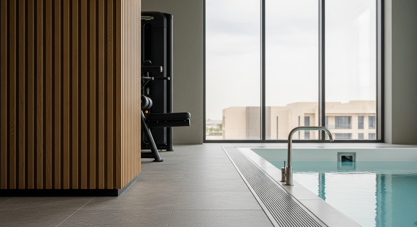 A modern fitness and wellness facility in Remraam featuring high-end sports infrastructure and wellness amenities.