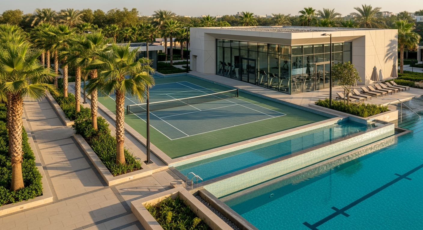 Modern sports and wellness facilities in Al Barari Dubai featuring lap pool and fitness amenities