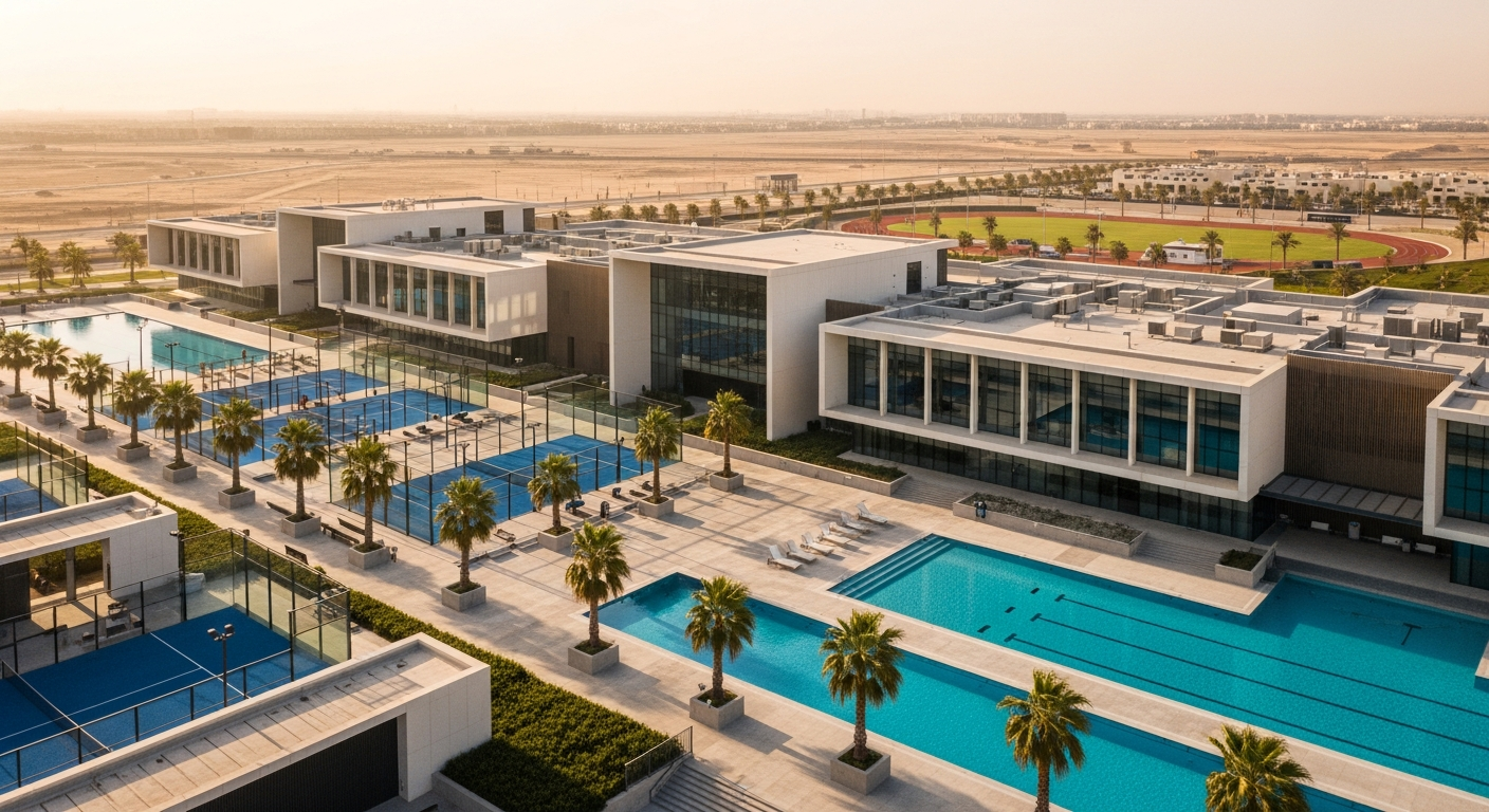 Modern athletic facility with training equipment at one of the top sports centers in Dubai Studio City.