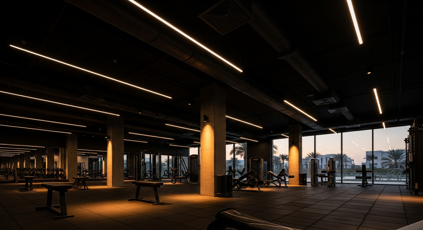 Modern commercial fitness studio space for rent in Dubai featuring high ceilings and specialized flooring
