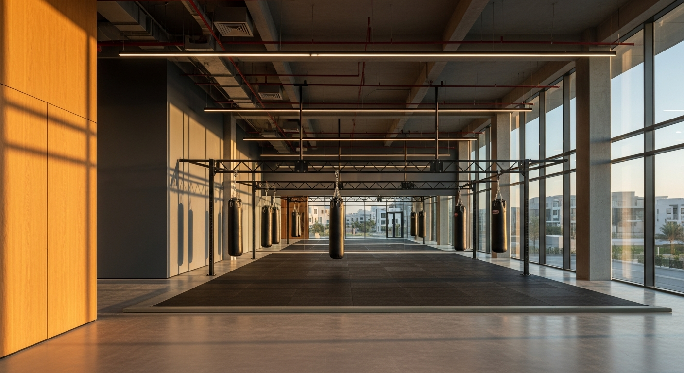 Spacious column-free martial arts studio space for rent in Dubai with high ceilings and heavy-duty flooring