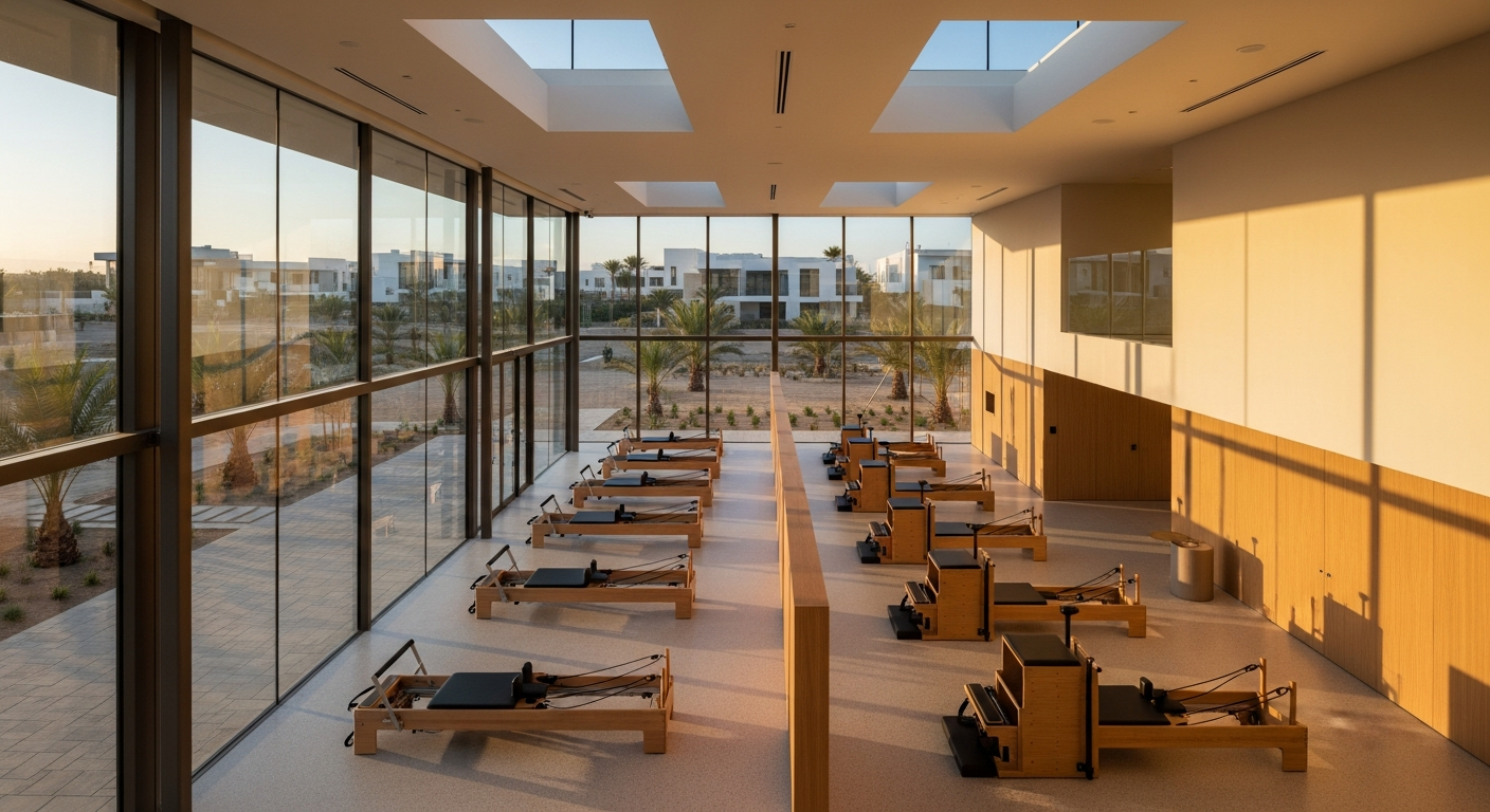 Modern pilates studio space for rent in Dubai featuring reformer equipment and high ceilings