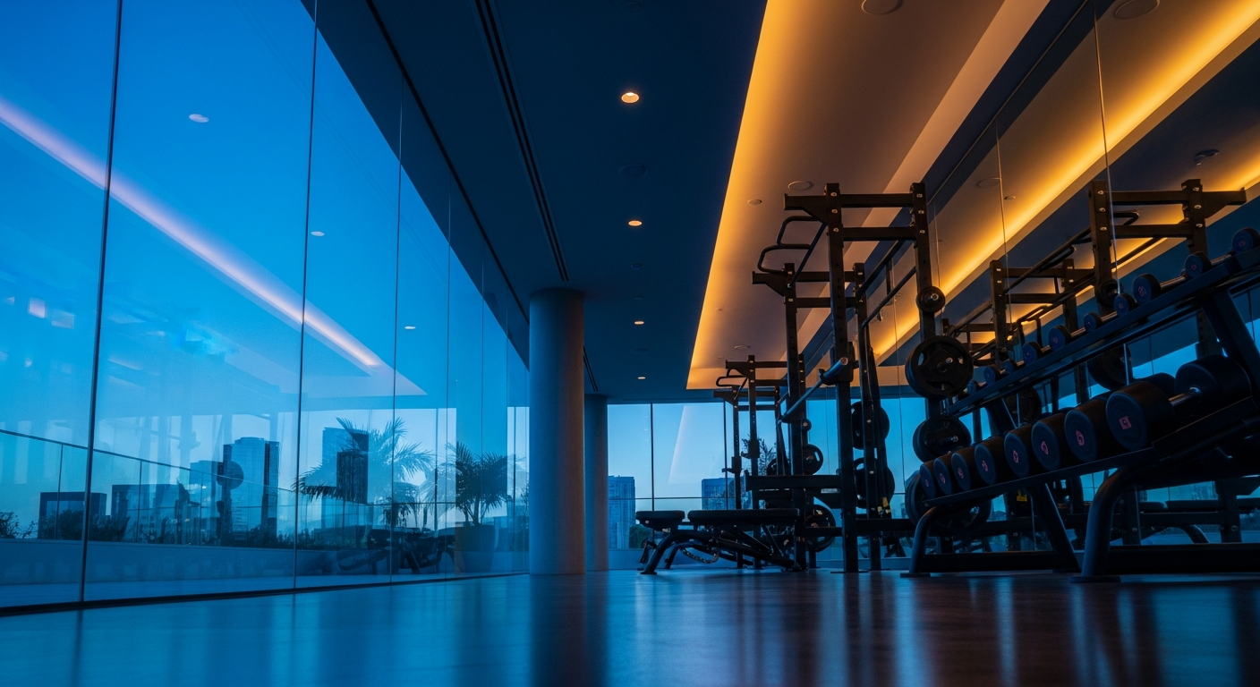 Modern commercial gym interior with fitness equipment near Churchill Residency in Business Bay Dubai