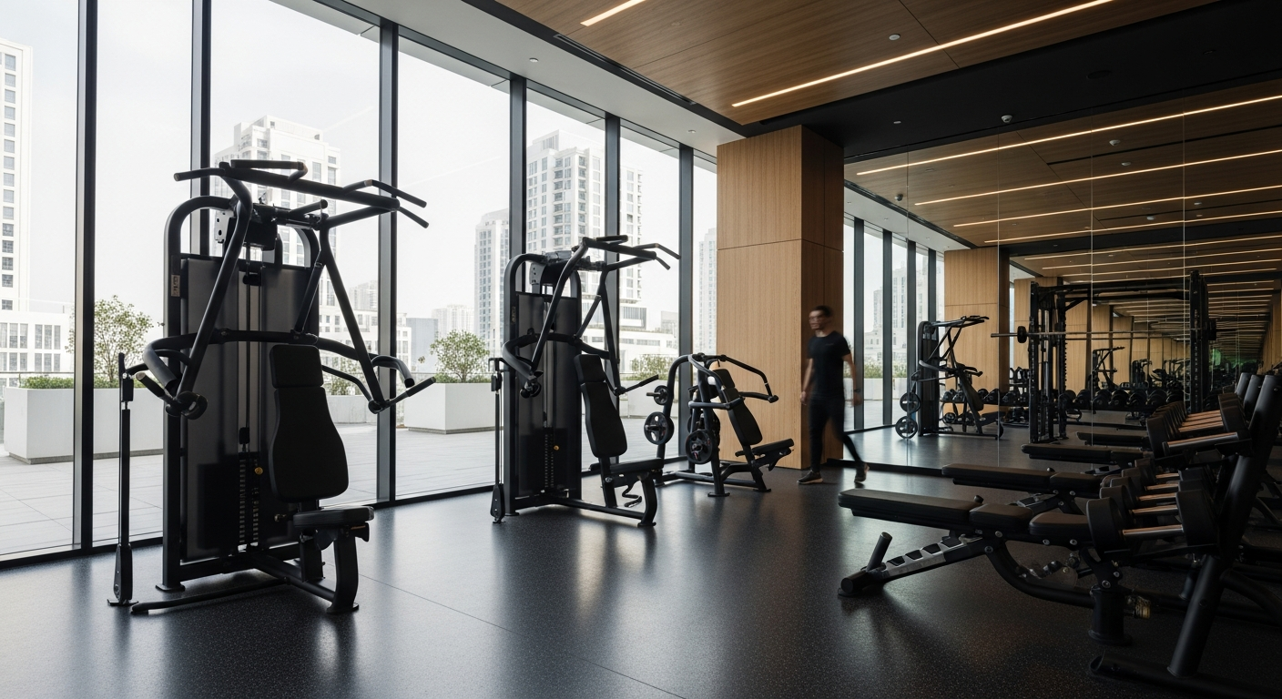 A modern commercial fitness center and gym near Saba Tower in Jumeirah Lakes Towers Dubai.