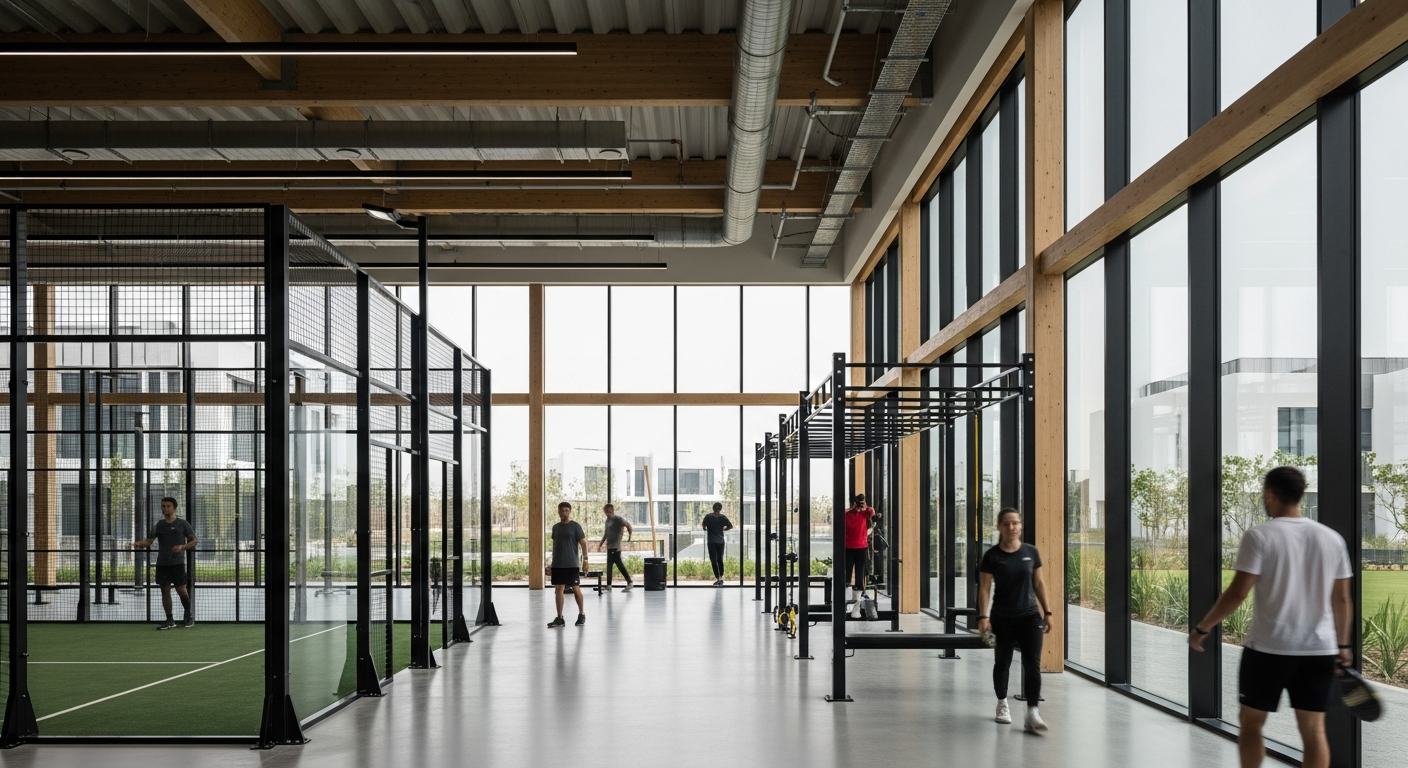 Modern gym interior with workout equipment near Shamal Terraces in Dubai