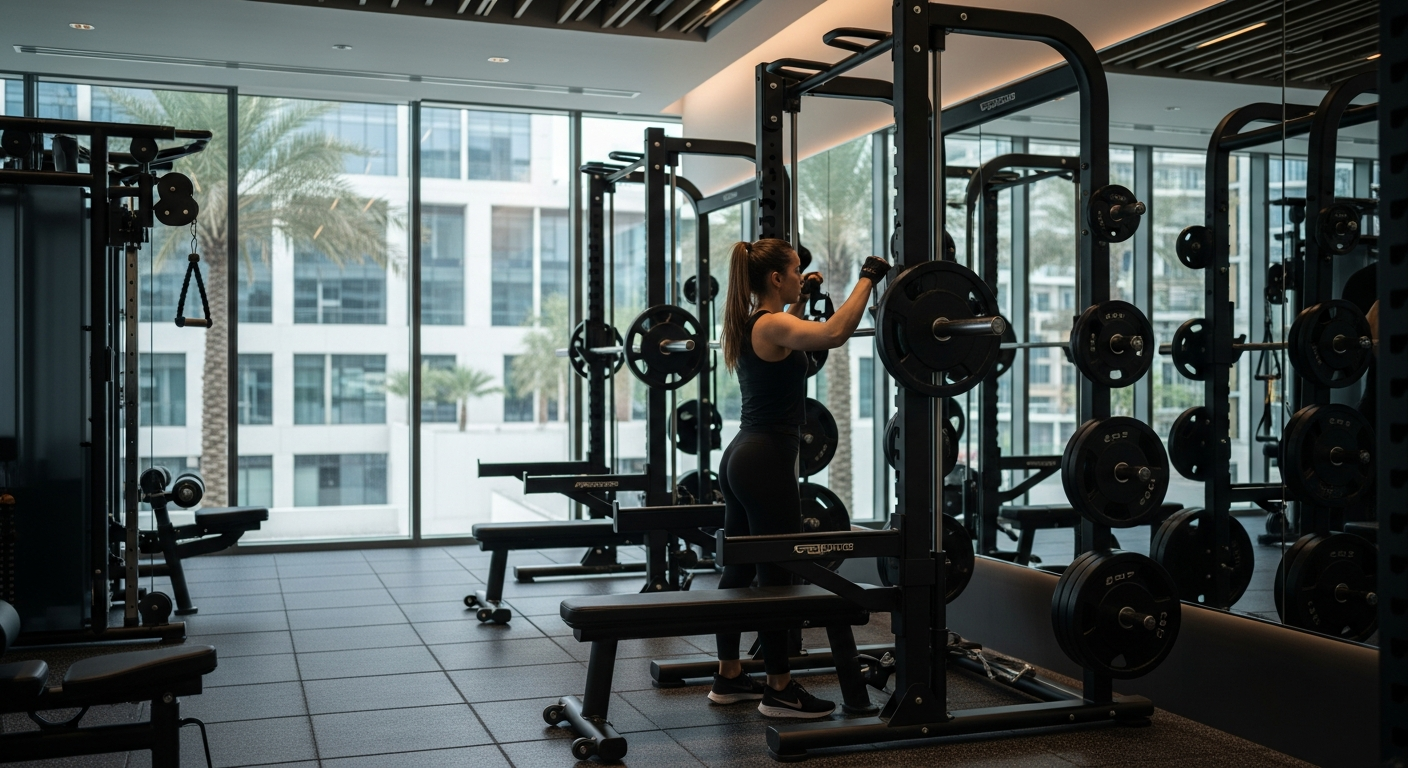 Modern interior of a top gym near Al Yaqoub Tower on Sheikh Zayed Road Dubai