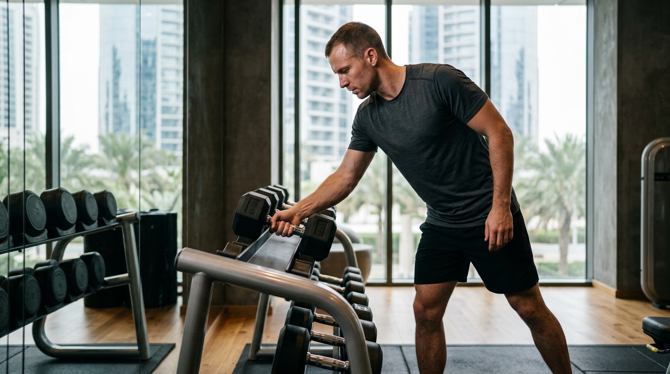 Modern fitness center interior featuring strength equipment and cardio machines at one of the top gyms near The Torch in Dubai Marina.