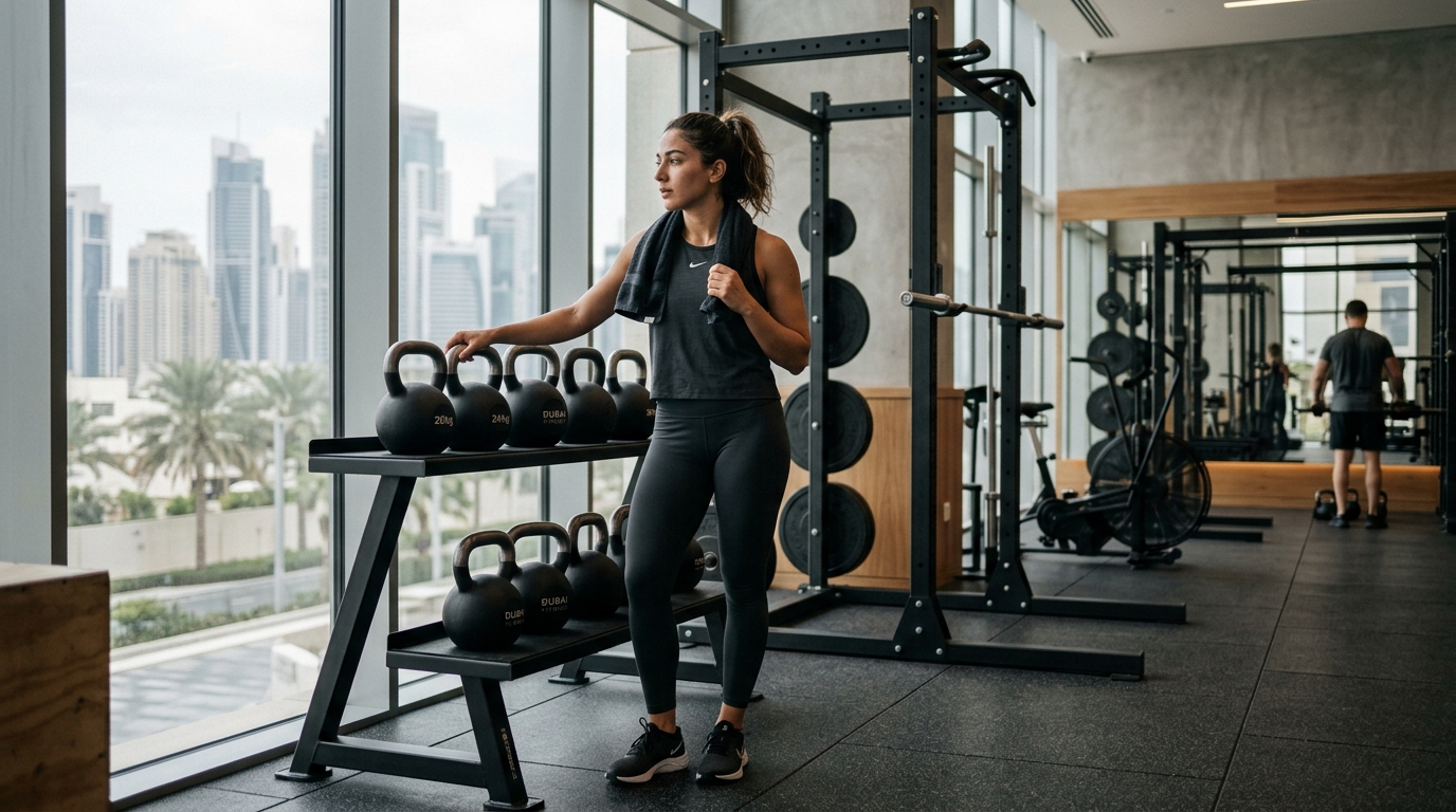 Modern commercial fitness center with state-of-the-art equipment near Marina View Tower in Dubai Marina.