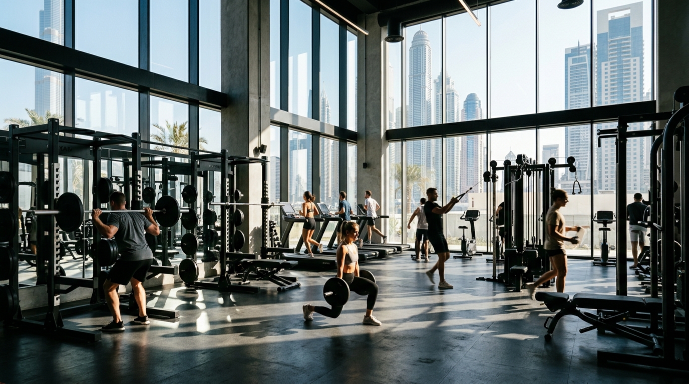 Modern fitness equipment inside a high-end gym near Park Place Tower on Sheikh Zayed Road in Dubai