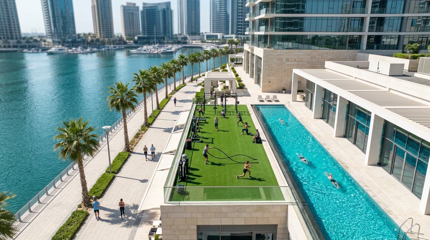 Modern fitness center interior featuring premium workout equipment near Vida Residences Dubai Marina