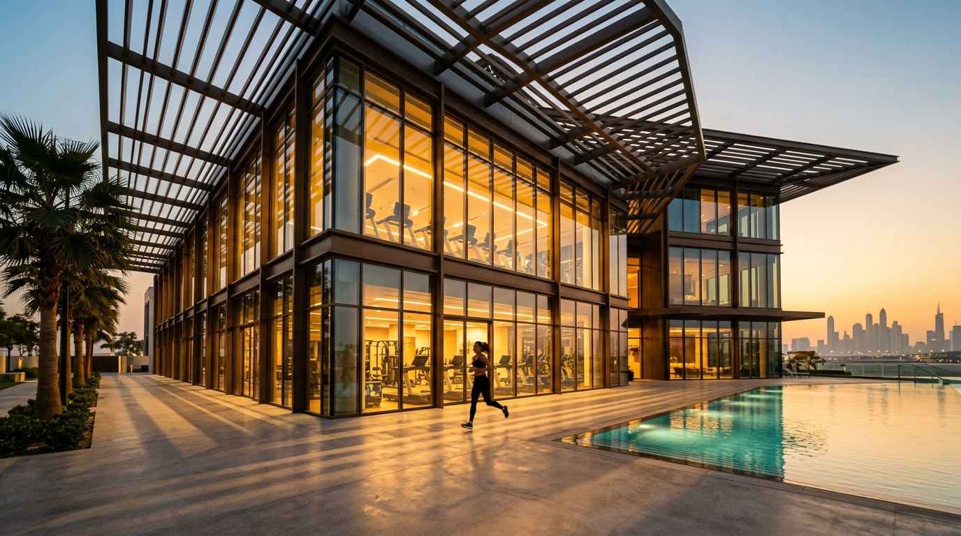 Modern gym interior with fitness equipment and workout areas near V3 Tower in JLT Dubai