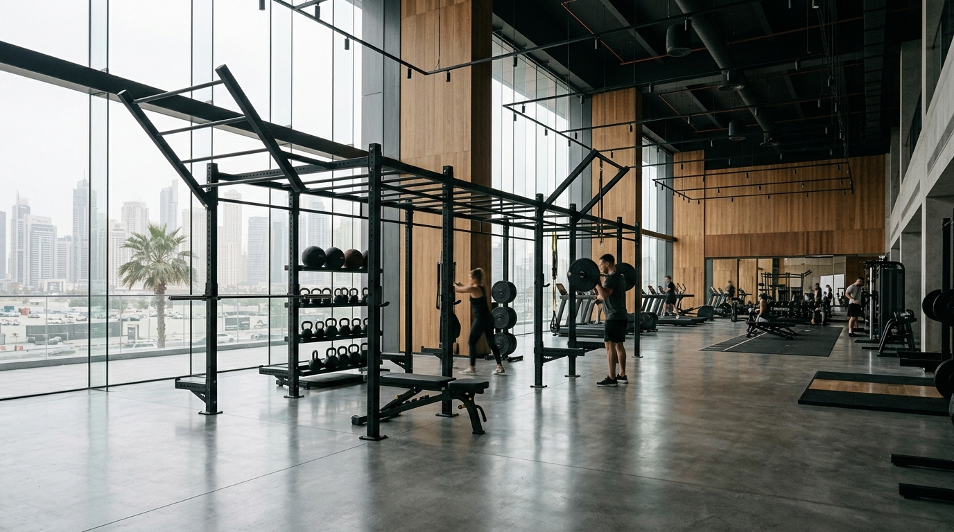 Modern fitness center interior with high-end gym equipment near Marina Sail in Dubai Marina