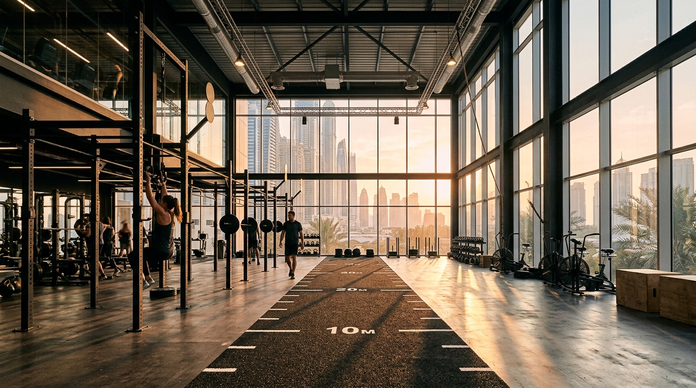Modern fitness center equipment inside one of the top gyms near Bloom Towers in JVC Dubai