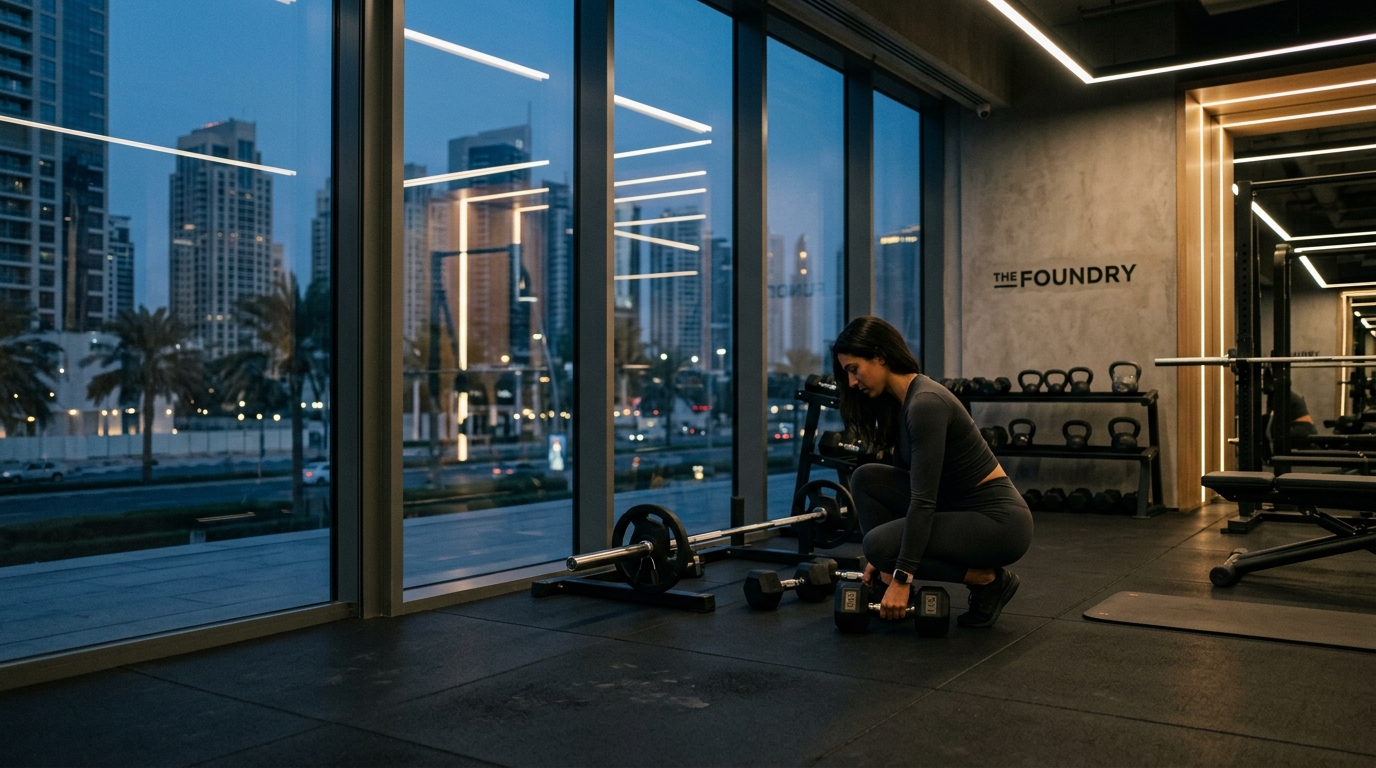 Modern commercial fitness center with gym equipment near 8 Boulevard Walk in Downtown Dubai