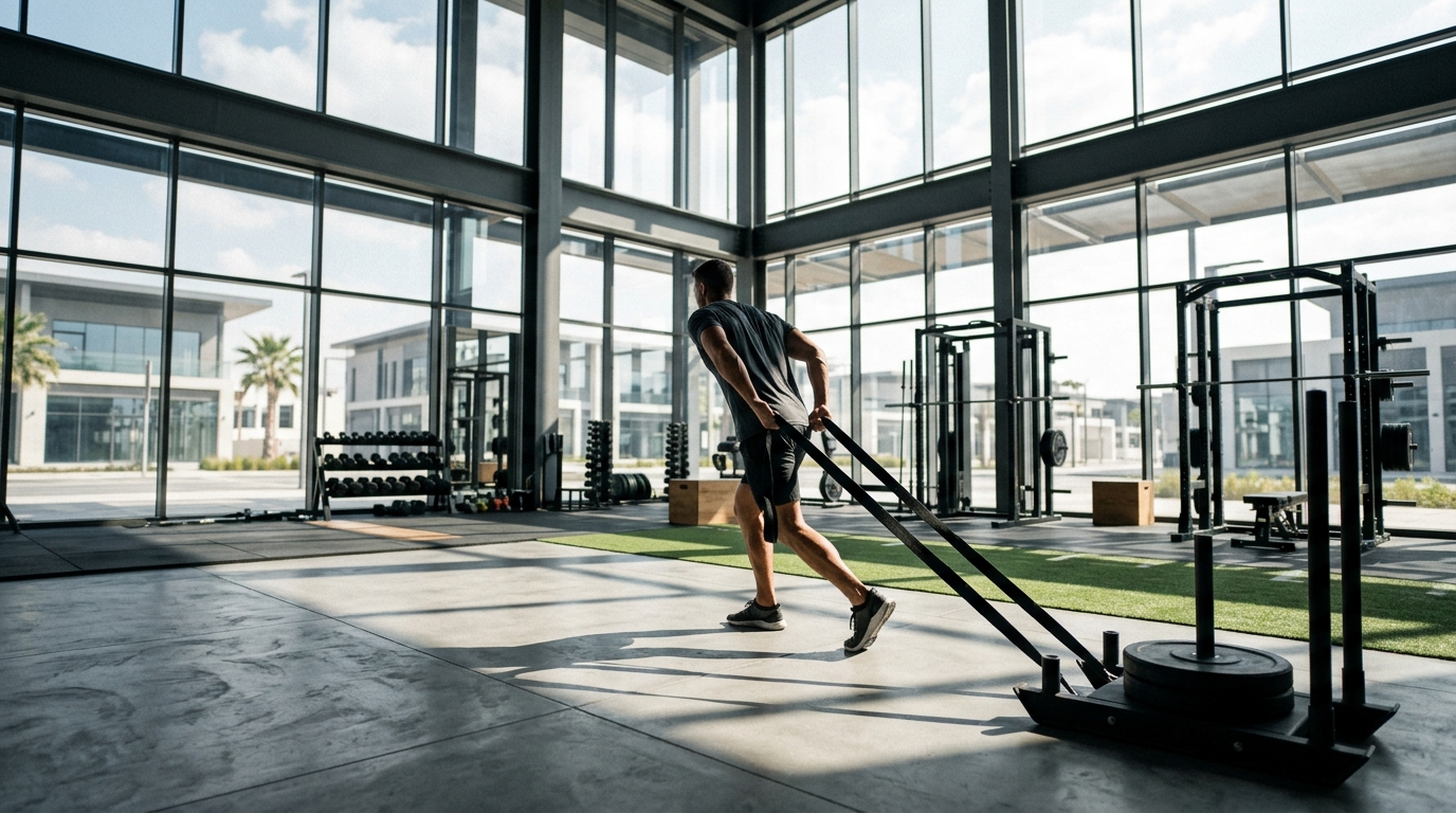 Modern fitness center interior showing gym equipment near Azizi Riviera Meydan