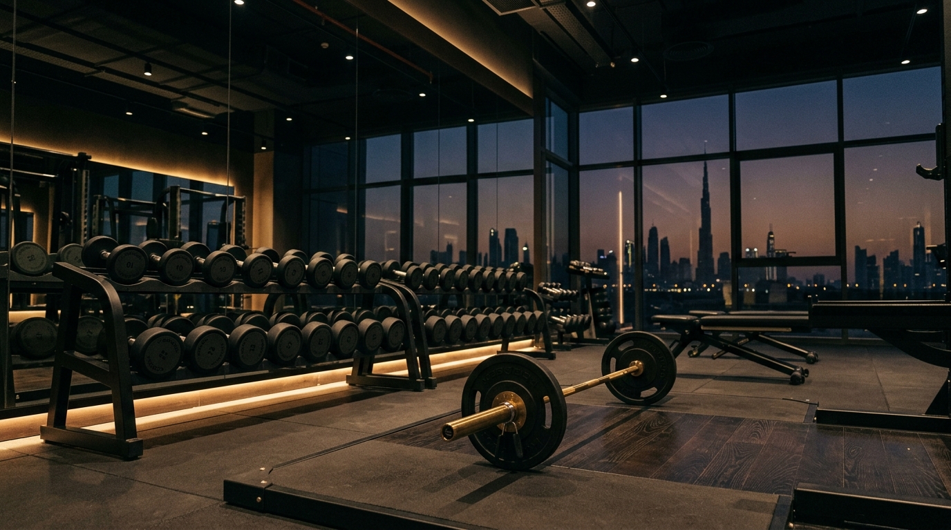 Modern gym interior with strength equipment near Goldcrest Views in JLT Dubai