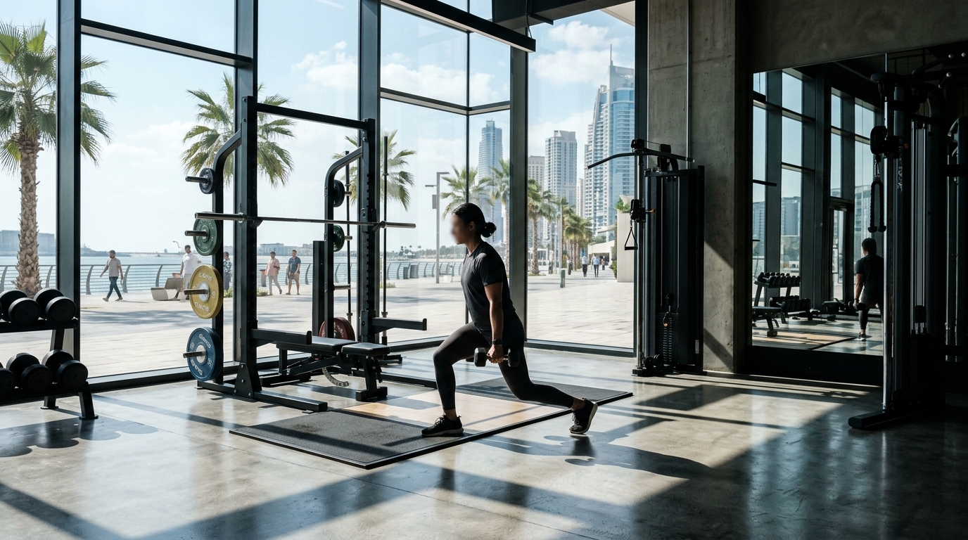 Modern workout floor and fitness equipment at a gym near Marina Wharf in Dubai Marina