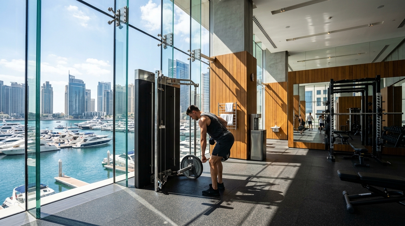 Modern fitness facility with commercial equipment located near DAMAC Residenze in Dubai Marina