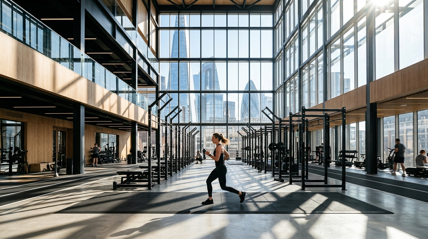 Modern commercial fitness space and gym facilities near Meera Tower along the Dubai Water Canal.