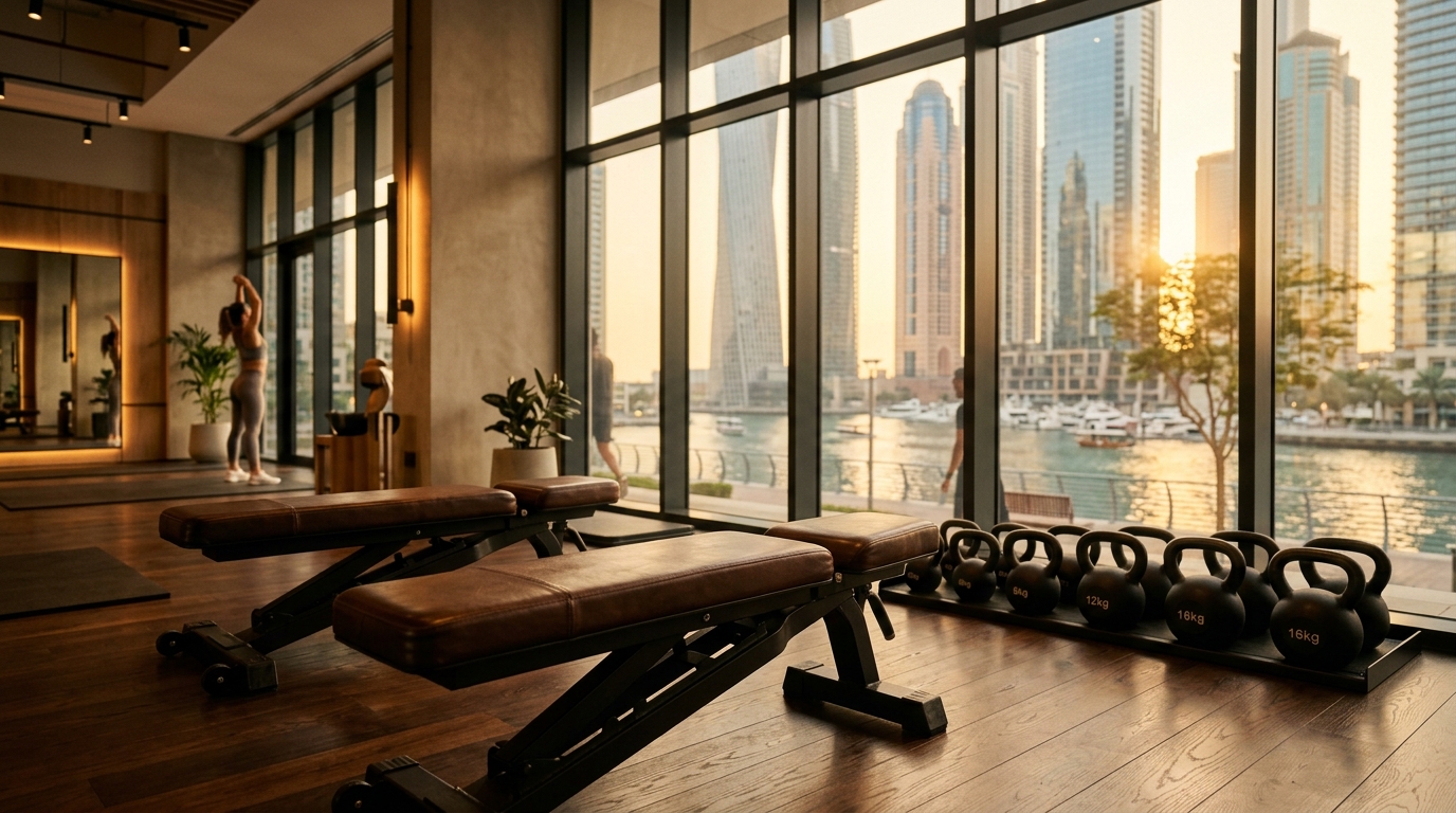Modern high-end commercial gym space near Bay Central in Dubai Marina